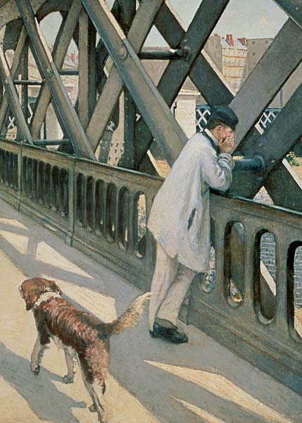 Le Pont de L'Europe: detail of a resting man and a dog from Gustave Caillebotte