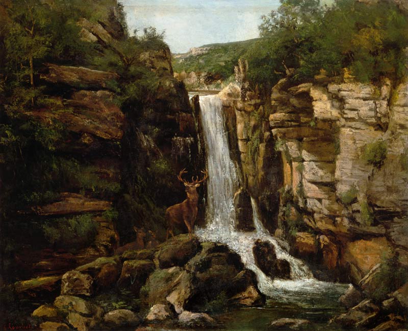 Red deer in front of a waterfall from Gustave Courbet