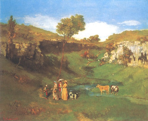 The village girls give a Kuhhirtin an alms in a valley near Ornans from Gustave Courbet