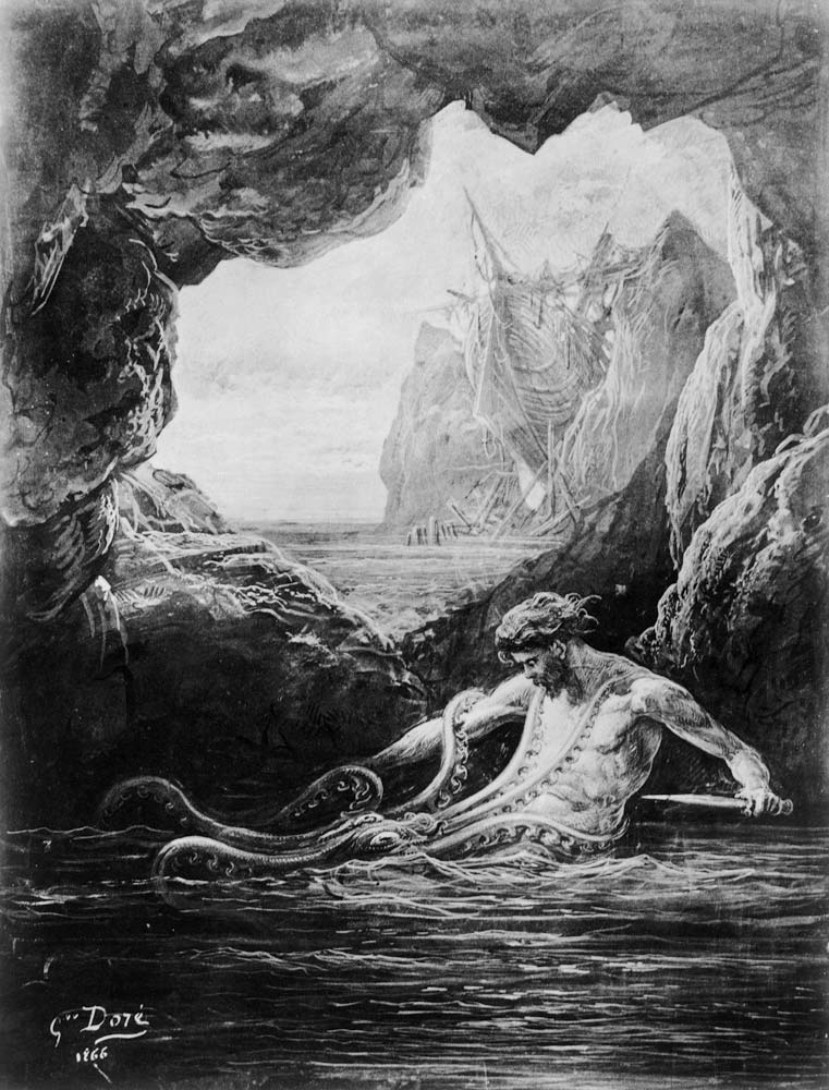 Gilliatt struggles with the giant octopu - Gustave Doré as art print or  hand painted oil.