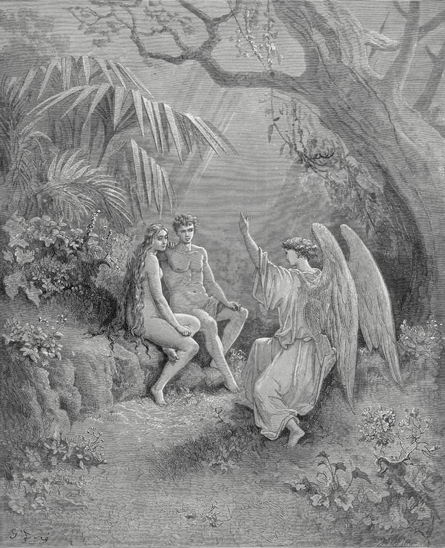 Raphael talks to Adam and Eve. Illustration for John Milton's "Paradise Lost" from Gustave Doré