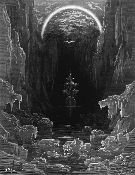The appearance of the albatross to lead the marooned ship out of the frozen seas of Antartica, scene from Gustave Doré