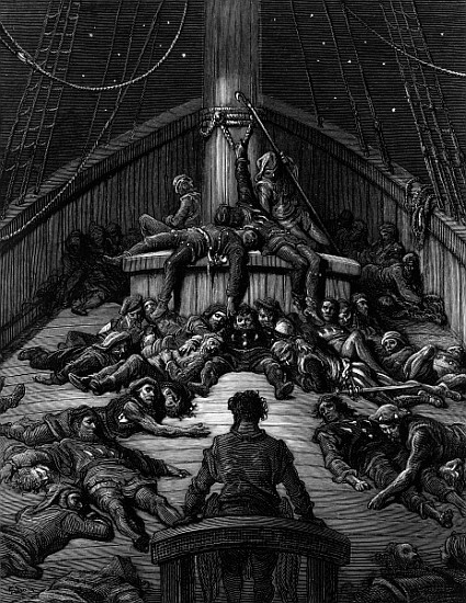 The Mariner gazes on his dead companions and laments the curse of his survival while all his fellow  from Gustave Doré