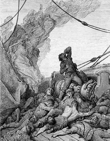 The Mariner, surrounded the dead sailors, suffers anguish of spirit, scene from ''The Rime of the An from Gustave Doré