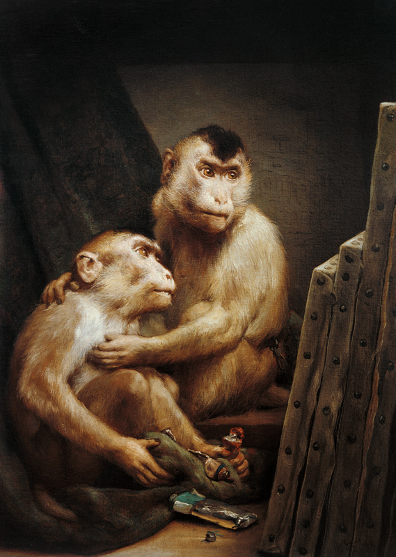 Art critics - Two monkeys examine a painting from Haeckel Ernst