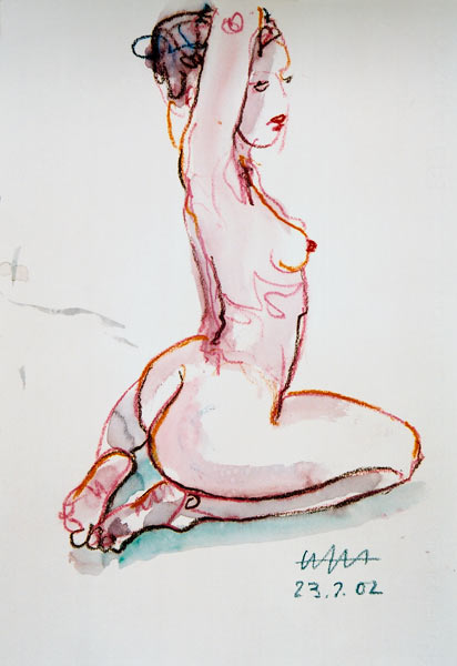 Female act, hands at the neck, sitting on the lower legs ... from Hajo Horstmann