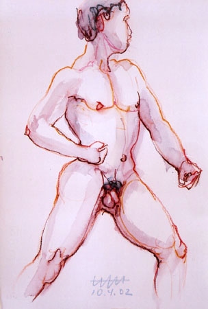 Stationary masculine act, both hands lateral to the front, a left leg introduced, view of the front from Hajo Horstmann