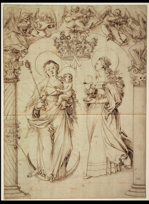Scheibenriß mit der Madonna auf der Mondsichel und der Heiligen Barbara from Hans Baldung Grien