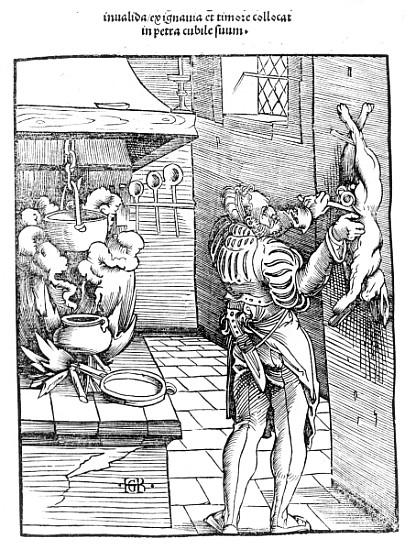 View of a sixteenth century kitchen with cook gutting a rabbit from Hans Baldung Grien