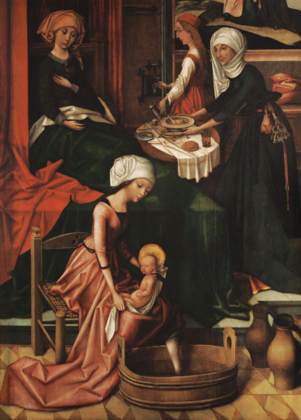 Birth Mariae Weingartner altar in the cathedral to Augsburg detail the first bath. from Hans Holbein the Elder