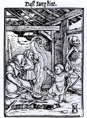 Death Taking a Child, from the 'Dance of Death' series, engraved by Hans Lutzelburger, c.1526-8 (woo from Hans Holbein the Younger