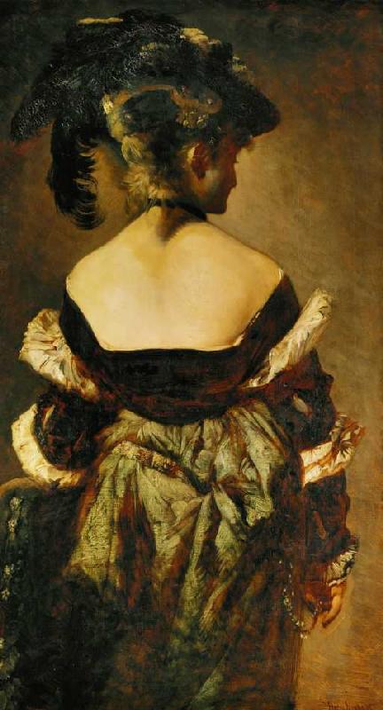 Portrait einer Dame mit einem Federhut, Rückenansicht from Hans Makart