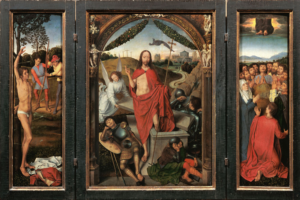 Resurrection altar, triptych (hl. Sebastian, resurrection, Ascension Day) from Hans Memling