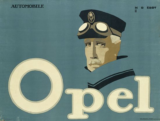 German advertisement for 'Opel' brand cars, printed by Hollerbaum & Schmidt, Berlin from Hans Rudi Erdt