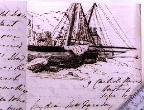 RI MS F1 I160 Vignette of fishing boats at Hastings, a sketch in a letter to Michael Faraday (1791-1