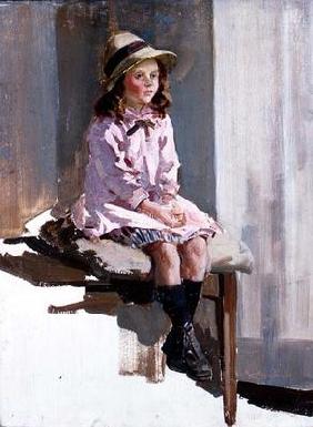 Portrait of a young girl in a pink dress and a straw hat (panel)