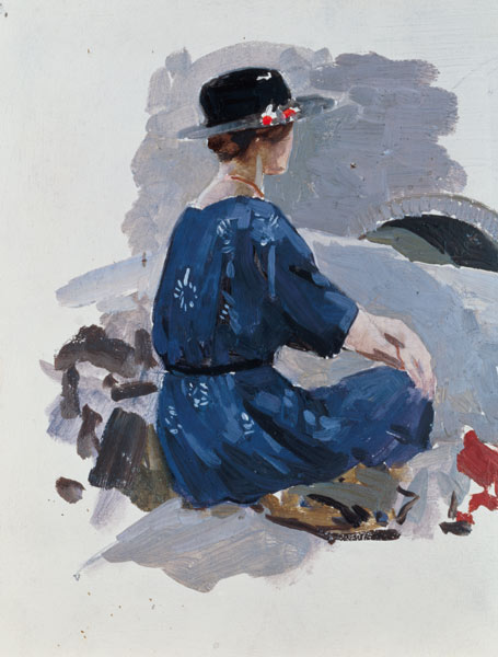 Woman in a blue dress and wide brimmed hat sitting upon rocks (oil on paper) from Harry Watson