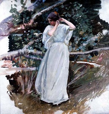Young woman in a long white dress (panel) from Harry Watson