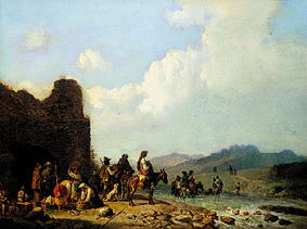 Campagna landscape with pulling country people in front of a ruin from Heinrich Bürkel