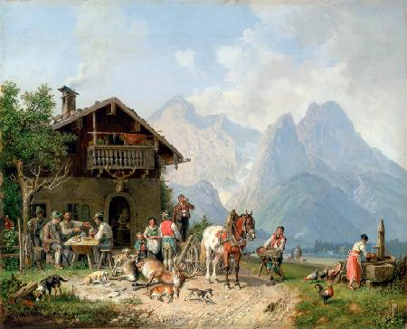 Drinking Hunter in front of the Huntinglodge near Partenkirchen