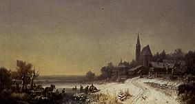 Wintry village with church at a lake from Heinrich Bürkel