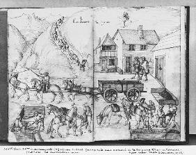 Silver mine of La Croix-aux-Mines, Lorraine, fol.20v and fol.21r, transporting the ore, c.1530