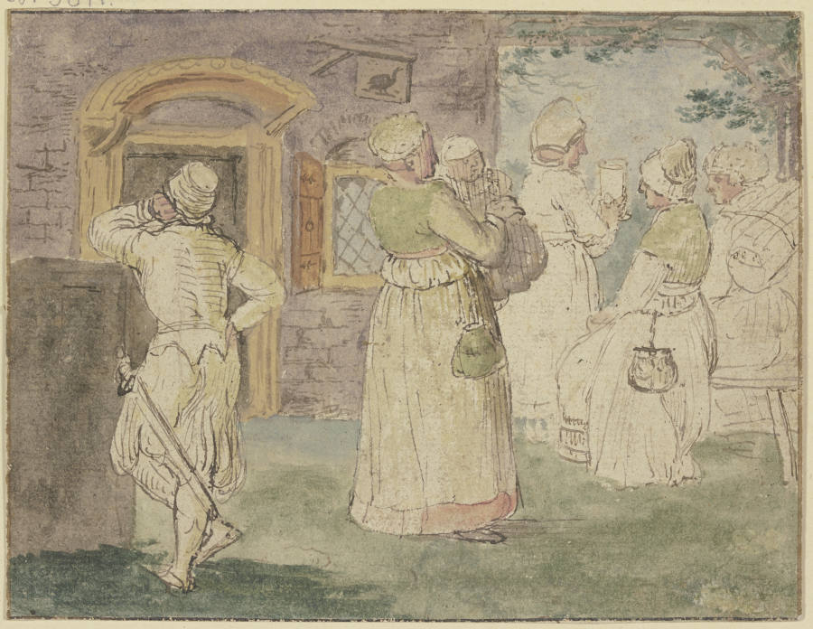 Vor einem Wirtshaus, links ein Soldat, rechts vier zechende Frauen, die eine trägt ein Kind from Hendrick Avercamp