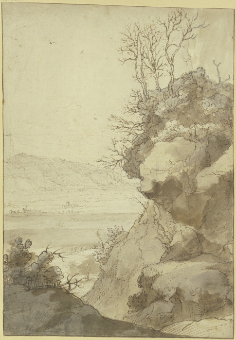 Landschaft, rechts eine große Felspartie mit dürren Bäumen from Hendrick Mommers
