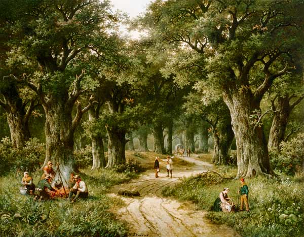 Country people at a fire place on the edge of a woodland path. from Hendrik Barend Koekkoek