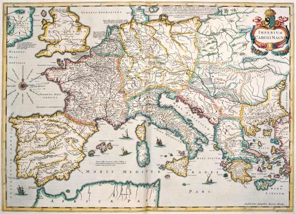 The Empire of Charlemagne (742-814) from 'Le Nouveau Theatre du Monde', 1639 (coloured engraving) from Hendrik I Hondius