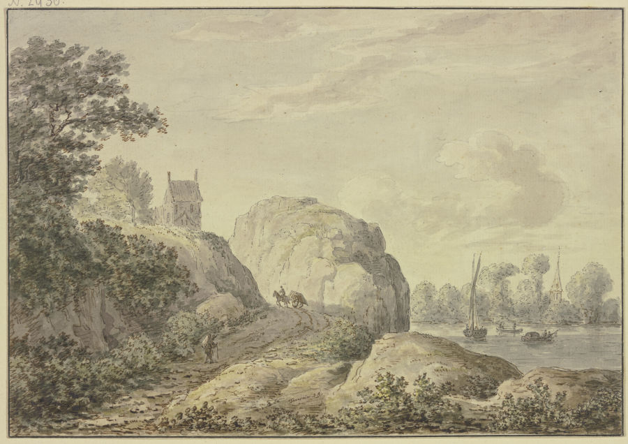 Felsiges Ufer an einem Fluß, links oben eine Kapelle from Hendrik Tavenier