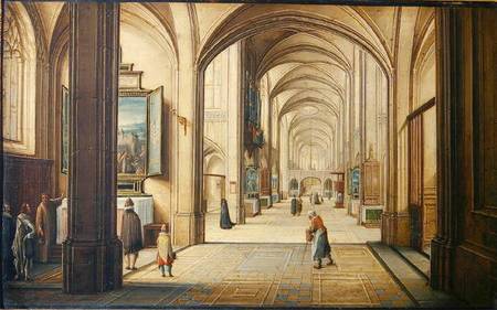 Church interior with a sacristan showing a painting to visitors from Hendrik van Steenwyk