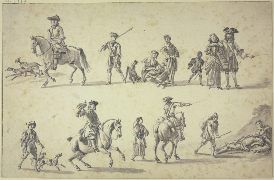 Studienblatt: Figuren zu Pferde und zu Fuße, unten links ein berittener Falkner from Hendrik Verschuring