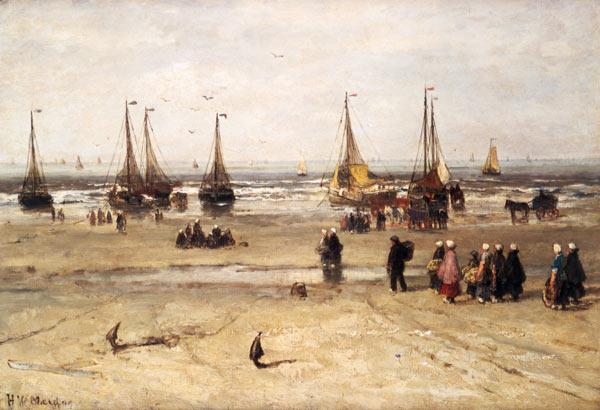 Sea beach with fishing boats and fisherman people