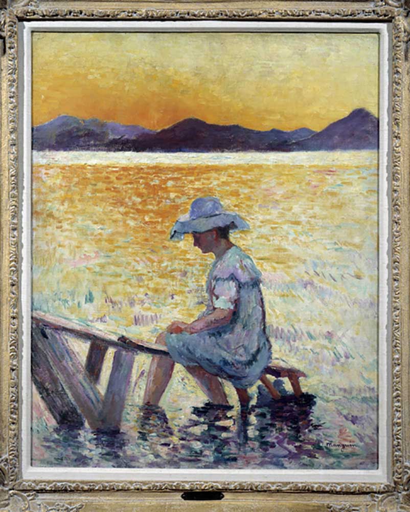 Saint Tropez, sunset A woman sitting her feet in the water on the shore. Painting by Henri Manguin ( from Henri Manguin