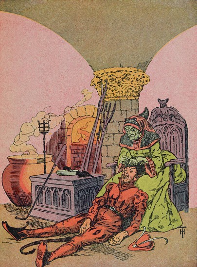 The devils mother pulling the golden hairs from her sons head,illustration for the Grimm fairy tale  from Henri Thiriet