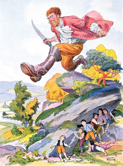 The Ogre hunting for Tom Thumb and his brothers, illustration for a Perrault fairy tale Tom Thumb (L from Henri Thiriet