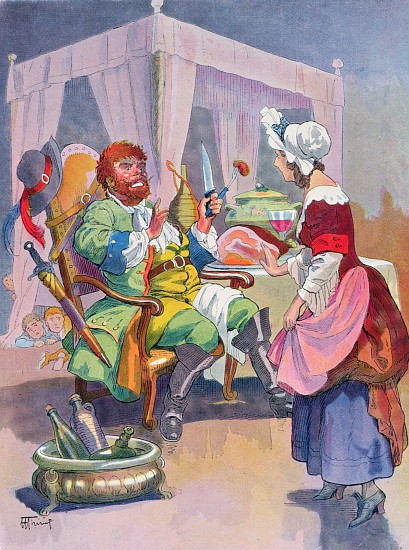 The Ogre smells fresh human flesh, illustration for a Perrault fairy tale Tom Thumb (Le Petit Poucet from Henri Thiriet
