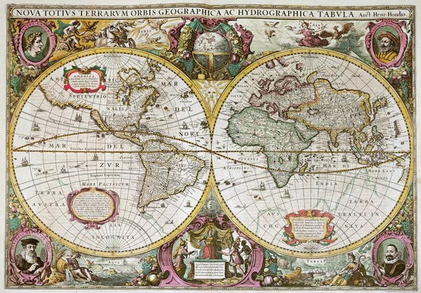 A New Land and Water Map of the Entire Earth from Henricus Hondius