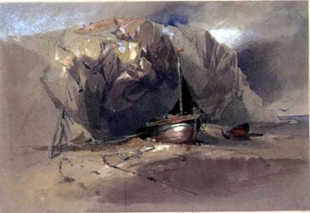 A Fishing Smack and a Small Boat drawn up on the Shore Beneath a Rocky Cliff from Henry Bright