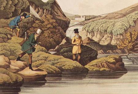 Salmon Fishing, auqatinted by I. CLark, - Henry Thomas Alken as art print  or hand painted oil.
