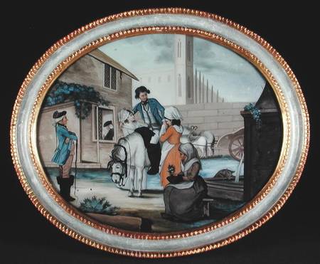 A reverse glass painting showing a farewell scene outside a tavern from Henry W. Banbury