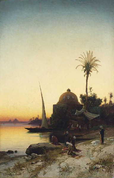 Moslems at the evening prayer on the shore of the Nil from Hermann David Salomon Corrodi