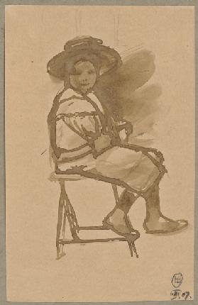 Frau mit Hut, auf einem Stuhl sitzend
