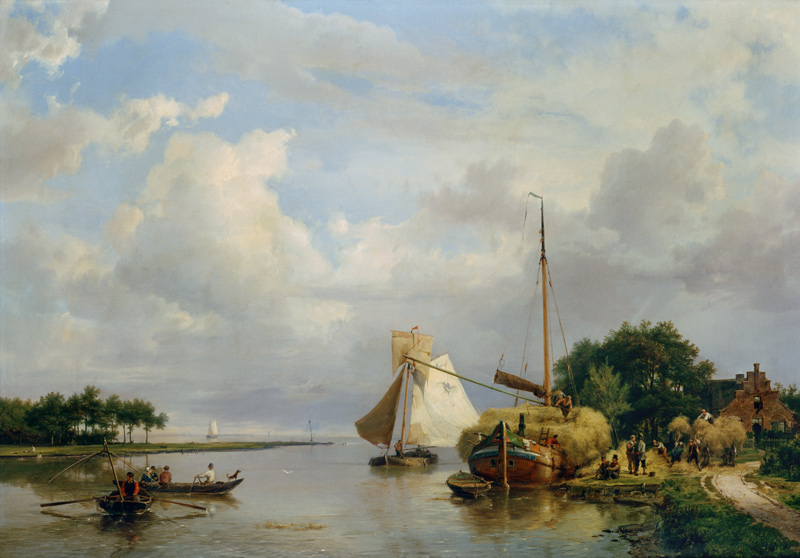 Unloading a hay small boat on the river Amstel at Amsterdam. from Hermanus Koekkoek