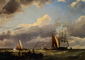 Dutch ships at light breeze into coastal proximity from Hermanus Koekkoek