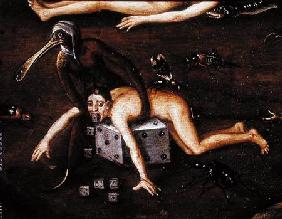 The Inferno, detail of a man elevated by a creature with a bird's beak onto a dice