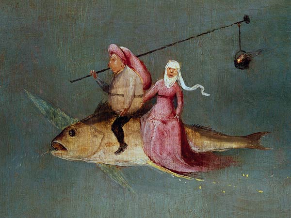 The Temptation of St. Anthony, right hand panel, detail of a couple riding a fish from Hieronymus Bosch