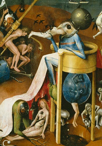 The Garden of Earthly Delights: Hell, right wing of triptych, detail of blue bird-man on a stool from Hieronymus Bosch