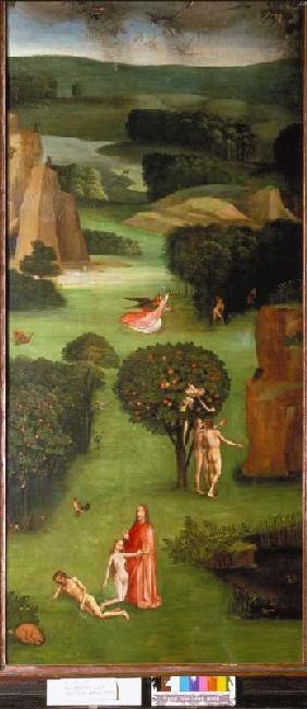 The Last Judgement triptych detail Li. Wing: Creation of Eva, Fall of Man, expulsion